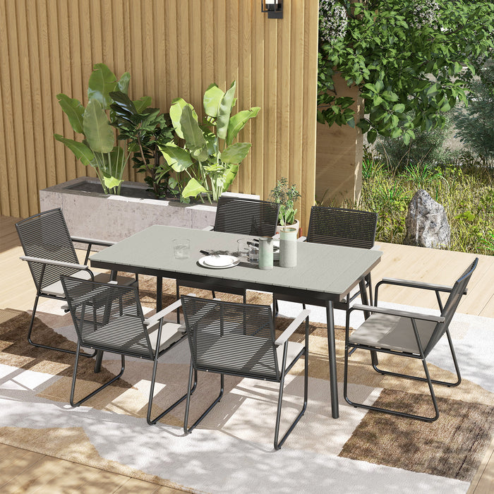Outsunny 6 Seater Garden Dining Set with Soft Cushions, Rattan Backrest, Rectangular Plastic Top, Garden Furniture Set, Outdoor Dining Table and Chairs for Patio, Balcony, Poolside, Grey