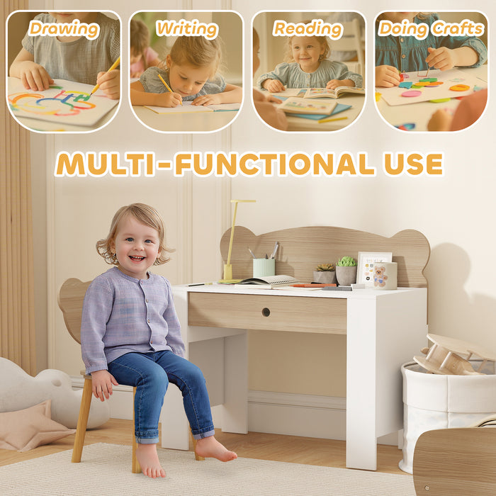 AIYAPLAY Kids Desk and Chair Set with Drawer for Drawing, Reading, Bear Theme Children Furniture for Bedroom, Daycare, Natural