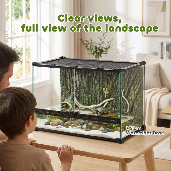 PawHut Reptile Glass Terrarium with Stone Background, Front Ventilation, Escape-Proof Knob Lock, 50 x 30 x 35 cm, Black