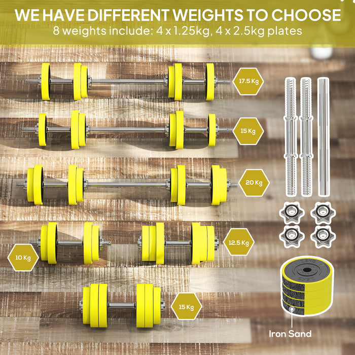 HOMCOM 20KGS 2-In-1 Dumbbell & Barbell Adjustable Set Strength Muscle Exercise Fitness Plate Bar Clamp Rod Home Gym Sports Area, Yellow