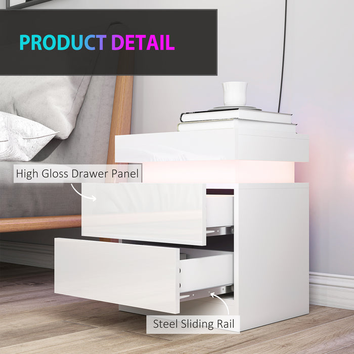 HOMCOM White Bedside Table with LED Light, High Gloss Front Nightstand with 2 Drawers, for Living Room, Bedroom, Set of 2