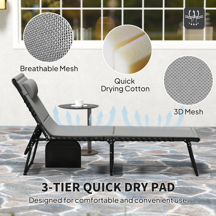 Outsunny Folding Sun Loungers Set of 2, Recliner Garden Chairs with Quick Drying Pad Headrest Side Pocket, Garden Sun Loungers for Beach Pool, Light Grey