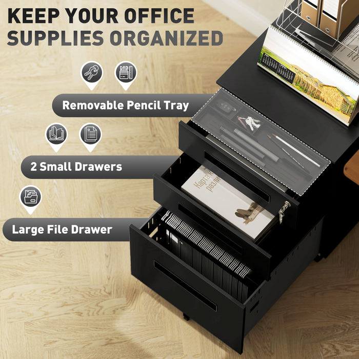 Vinsetto Metal Mobile File Cabinet with Wheels, Lockable 3 Drawer Filing Cabinet for A4, Legal, Letter, Under Desk Office Cabinet with Pre-Assembled Body for Home Office, 39 x 48 x 60 cm, Black