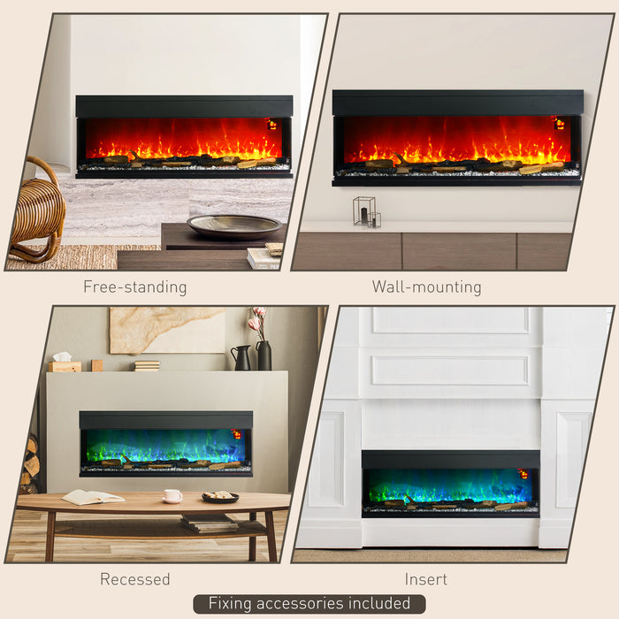 HOMCOM 50inch/ 127cm Media Electric Fireplace Wall Mounted, Recessed, Insert, Freestanding, Glass Electric Fire with Adjustable LED Flame Effect, Log, Crystal, Remote Control, 1800W, Black | Aosom UK