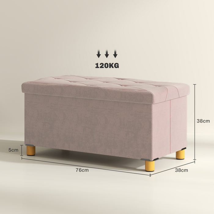 HOMCOM Velvet Upholstered Foldable Ottoman Footrest, Storage Ottoman Bench with Wood Legs for Living Room, Pink