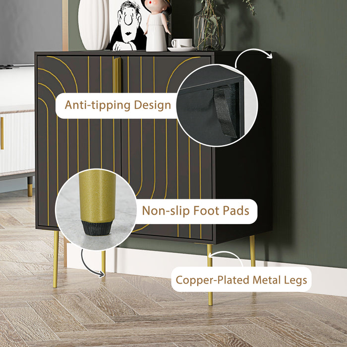 Art Deco-Inspired Sideboard with Adjustable Shelving - Sleek Black Finish with Gold Tone Accents - Elegant Storage Solution for Contemporary Homes