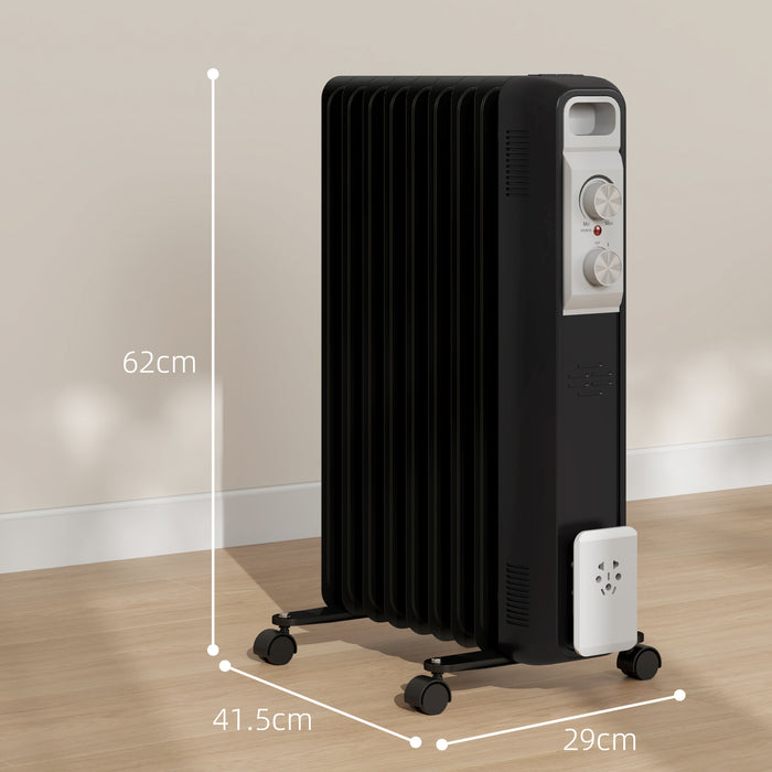 HOMCOM 2000W Quiet Oil Filled Radiator, 9 Fin Energy Efficient Portable Electric Heater with 3 Heat Settings, Adjustable Temperate, Safety Tip Over, Overheat Protection, Wheels, for Home, Black | Aosom UK