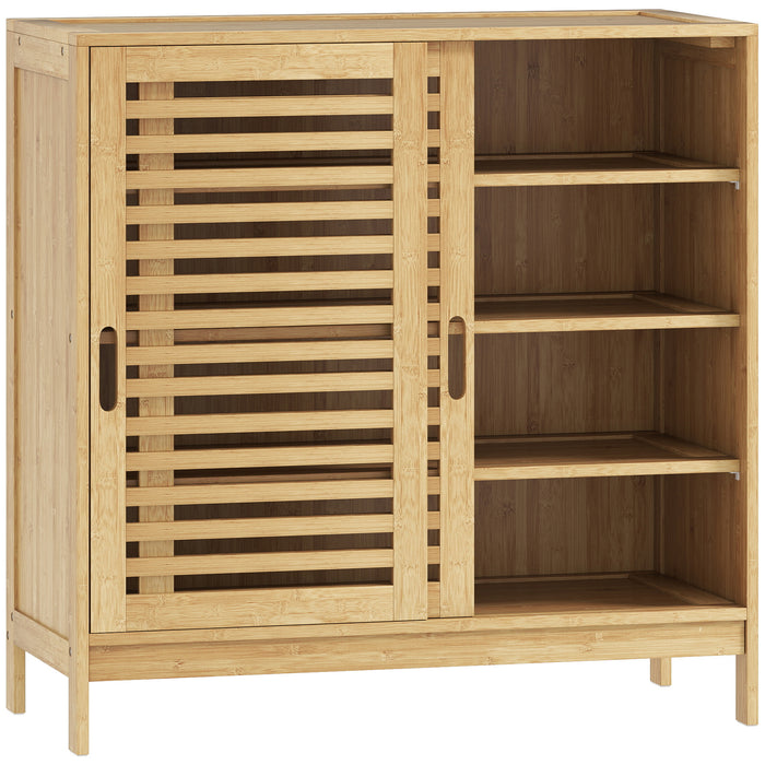 HOMCOM Bamboo Shoe Cabinet with 2 Sliding Slat Doors, 16Pairs, Adjustable Shelves, Natural