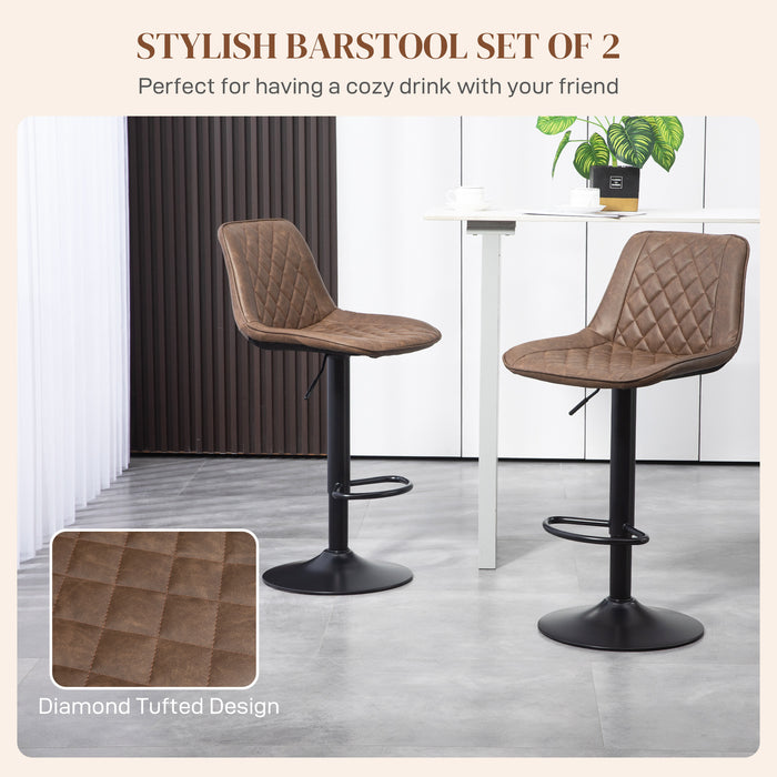 Retro Adjustable Swivel Bar Chairs, Set of 2 - Brown PU Leather Upholstery with Steel Base and Footrest - Comfortable High-Back Kitchen Stools for Home Bar & Dining