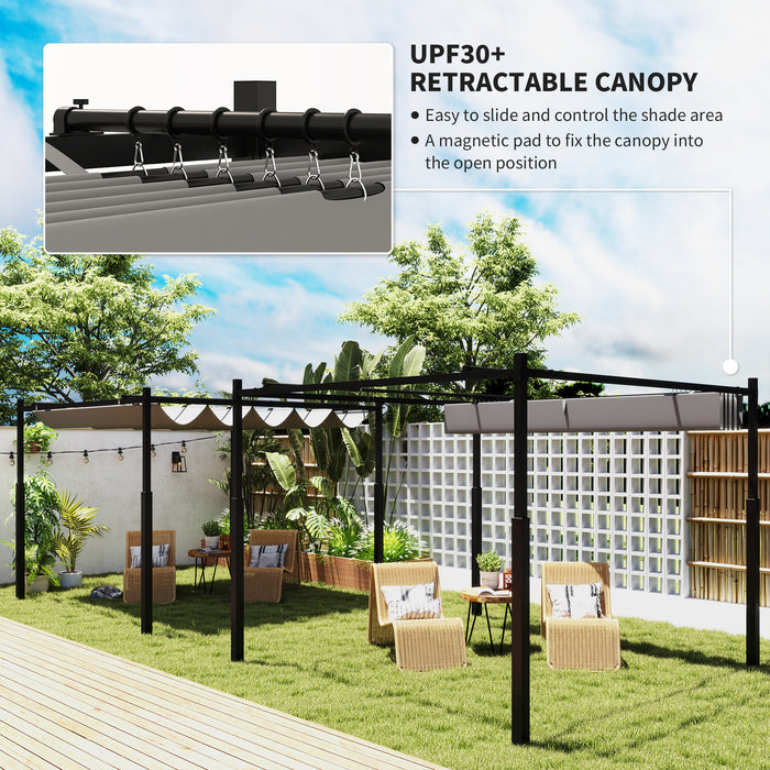 Outsunny 3 x 3(m) Garden Pergola with Retractable Roof and Magnetic Fixture, Outdoor Pergola Kit Sun Shade Canopy, UPF30+, 80mm Metal Column, Grey