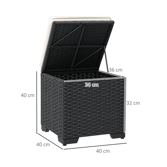 Outsunny Set of 2 Rattan Storage Ottoman, Outdoor Footstool with Removable Cushions, Garden Storage Seat for Balcony, Poolside, Living Room, Cream