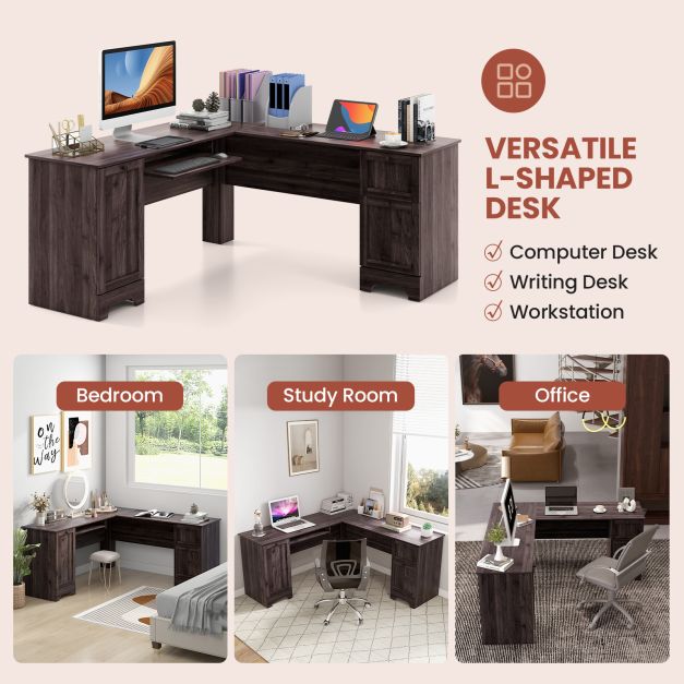 Corner Desk Brand - L-Shaped Computer Desk with Drawers and Keyboard Tray in Dark Brown Design - Ideal Home Office Furniture for Storage Needs