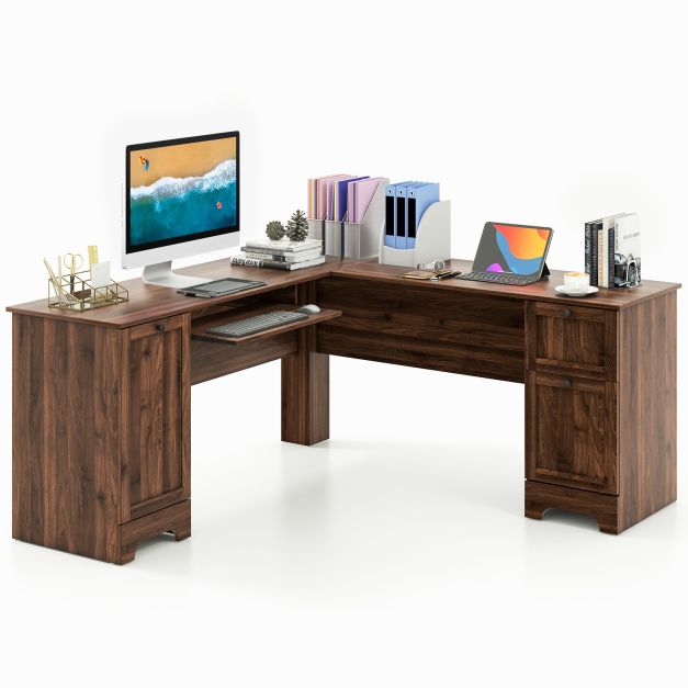 Corner Desk Brand - L-Shaped Computer Desk with Drawers and Keyboard Tray in Dark Brown Design - Ideal Home Office Furniture for Storage Needs