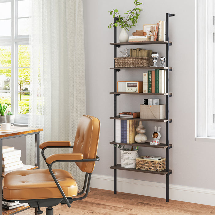 6-Tier Ladder Shelf Wall Mounted Bookshelf with Metal Frame-Oak