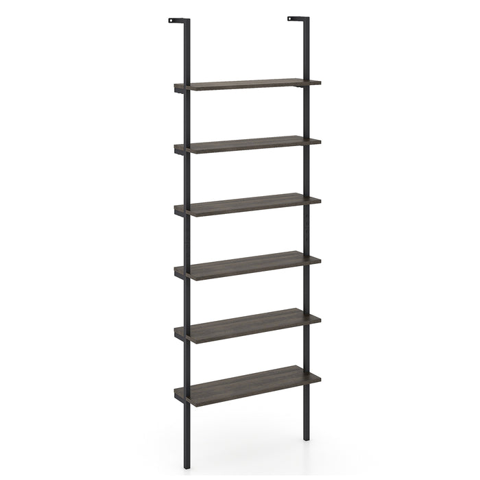 6-Tier Ladder Shelf Wall Mounted Bookshelf with Metal Frame-Oak