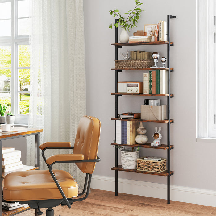 6-Tier Ladder Shelf Wall Mounted Bookshelf with Metal Frame-Oak