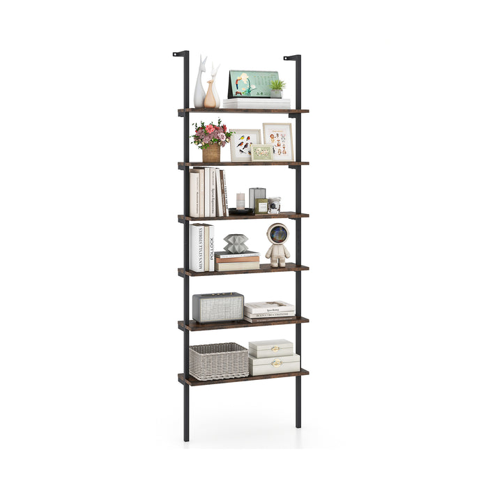 6-Tier Ladder Shelf Wall Mounted Bookshelf with Metal Frame-Oak