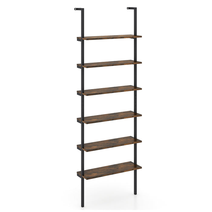 6-Tier Ladder Shelf Wall Mounted Bookshelf with Metal Frame-Oak