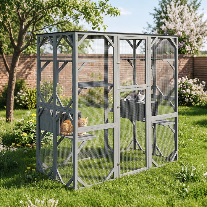 Large Fir Wood Outdoor Cat Enclosure with 2 Napping Houses-