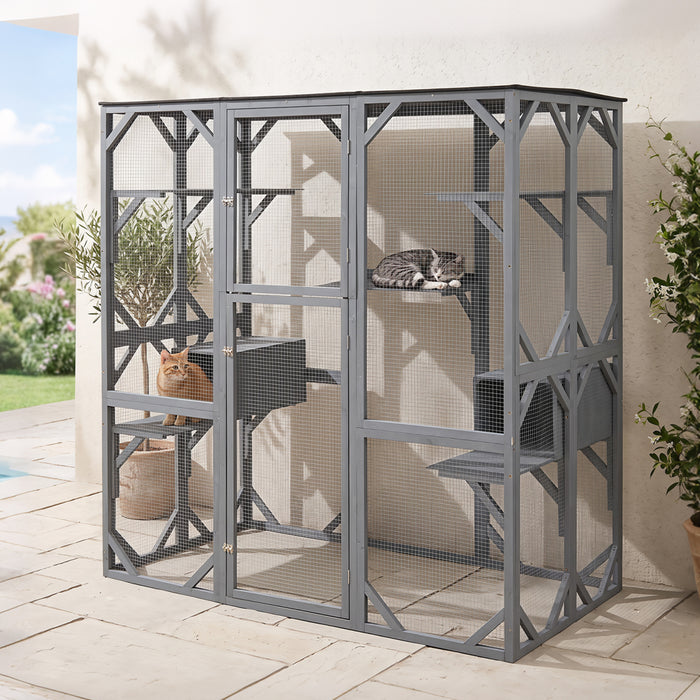 Large Fir Wood Outdoor Cat Enclosure with 2 Napping Houses-
