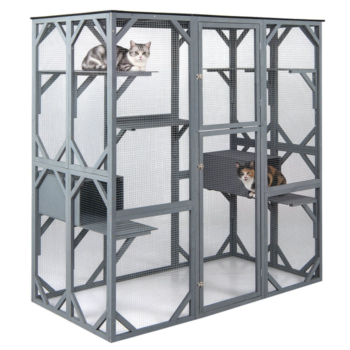 Large Fir Wood Outdoor Cat Enclosure with 2 Napping Houses-