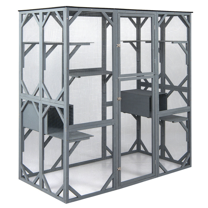Large Fir Wood Outdoor Cat Enclosure with 2 Napping Houses-