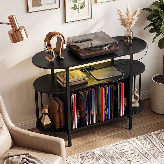 Large Record Player Stand w/LED Lights Charging Station & Display Shelves for Music Corner-Black