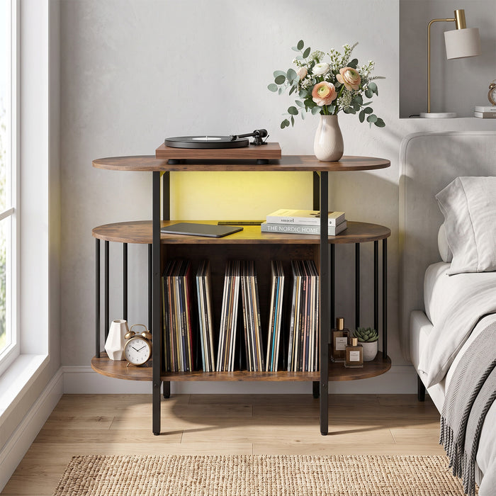 Large Record Player Stand w/LED Lights Charging Station & Display Shelves for Music Corner-Black