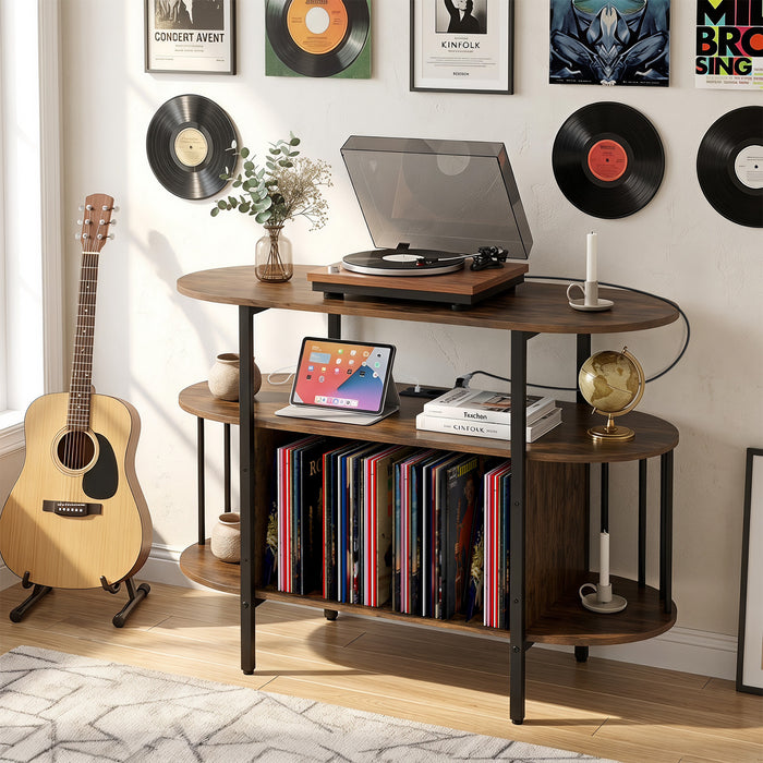 Large Record Player Stand w/LED Lights Charging Station & Display Shelves for Music Corner-Black
