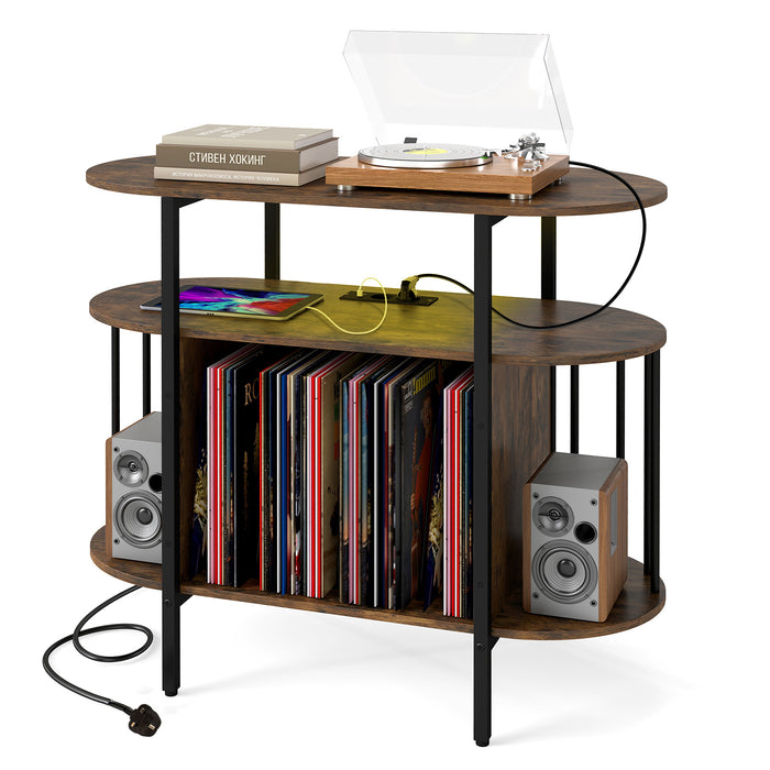Large Record Player Stand w/LED Lights Charging Station & Display Shelves for Music Corner-Black