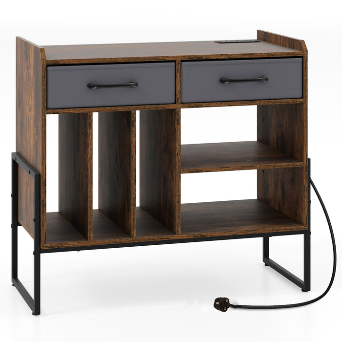 Large Record Player Stand with Charging Station Mid Century Modern Vinyl Storage Cabinet-