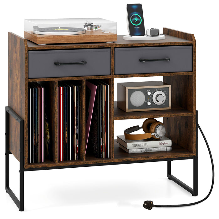 Large Record Player Stand with Charging Station Mid Century Modern Vinyl Storage Cabinet-