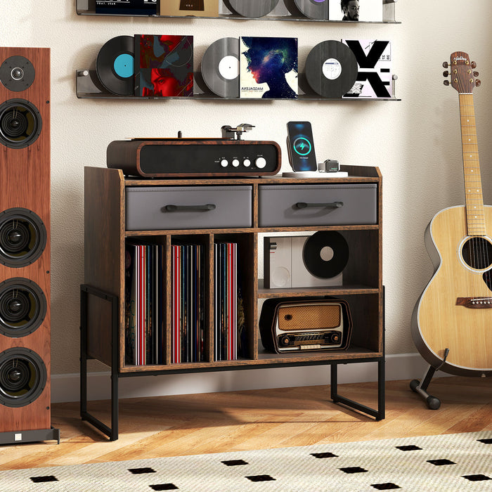 Large Record Player Stand with Charging Station Mid Century Modern Vinyl Storage Cabinet-