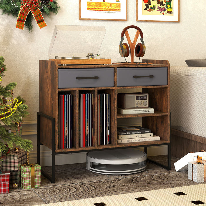 Large Record Player Stand with Charging Station Mid Century Modern Vinyl Storage Cabinet-