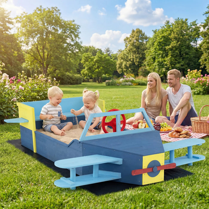 Large Wooden Kids Sandbox with Bottom Liner and Bench Seat-