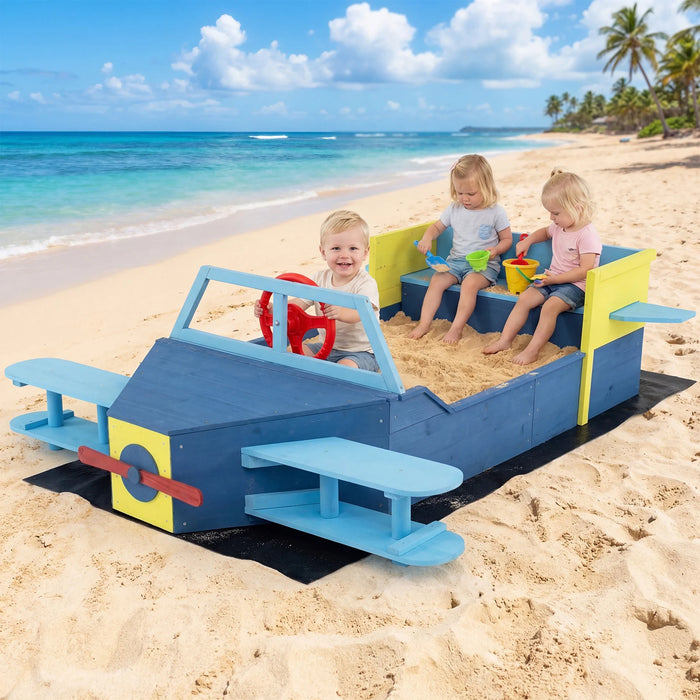 Large Wooden Kids Sandbox with Bottom Liner and Bench Seat-