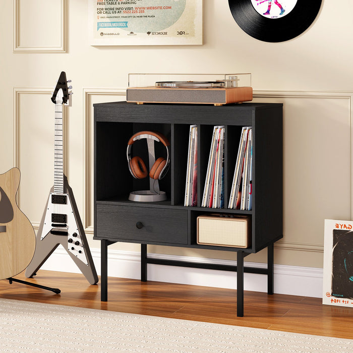 Large Record Player Stand with Open Compartments and Album Holders-