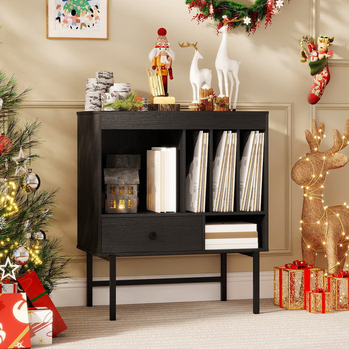 Large Record Player Stand with Open Compartments and Album Holders-