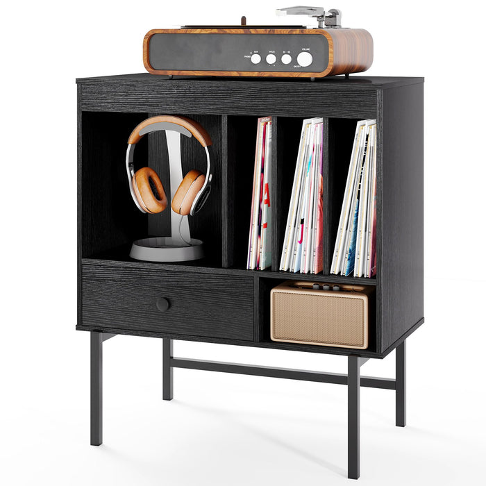 Large Record Player Stand with Open Compartments and Album Holders-