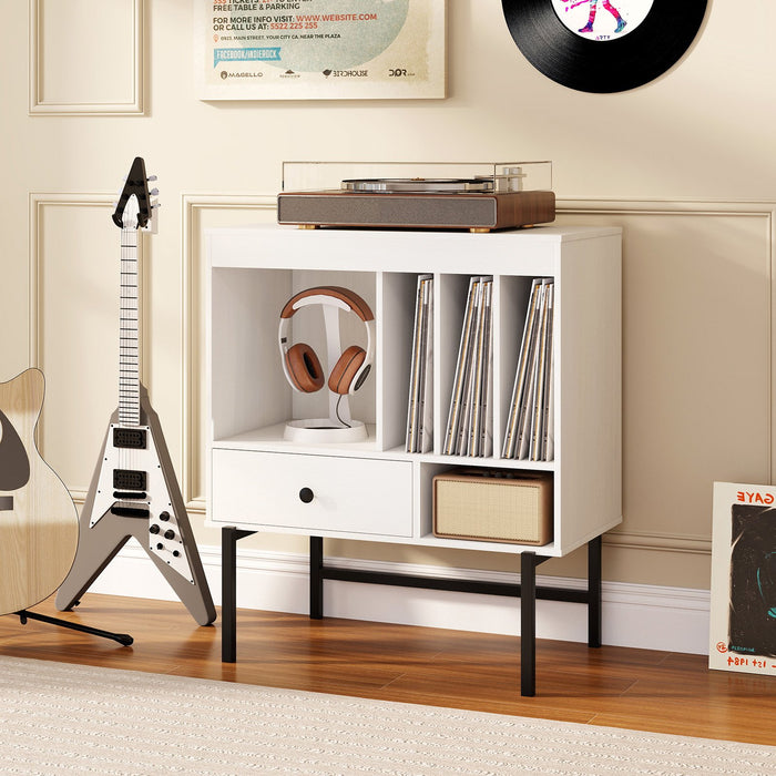 Large Record Player Stand with Open Compartments and Album Holders-