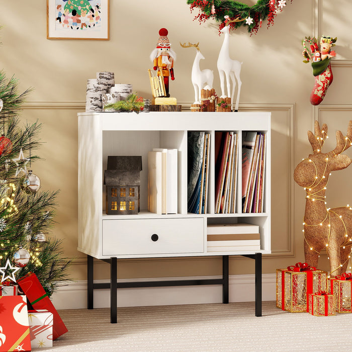 Large Record Player Stand with Open Compartments and Album Holders-