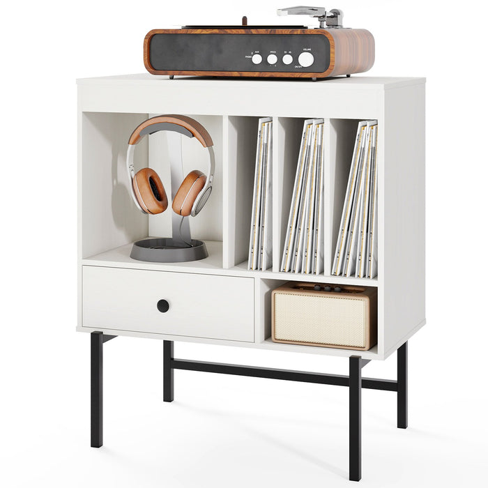 Large Record Player Stand with Open Compartments and Album Holders-