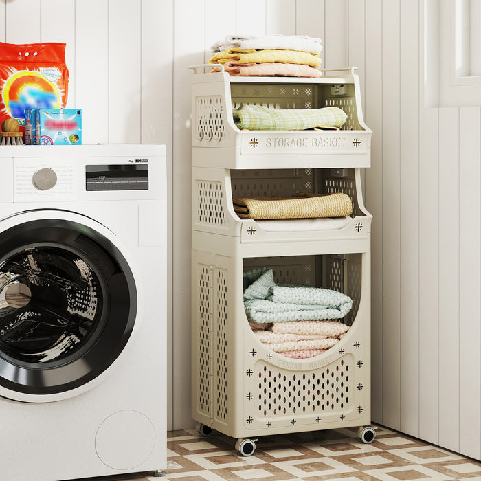 3/4-Tier Laundry Cart with Large Hamper and Lockable Wheels-Beige-4-Tier