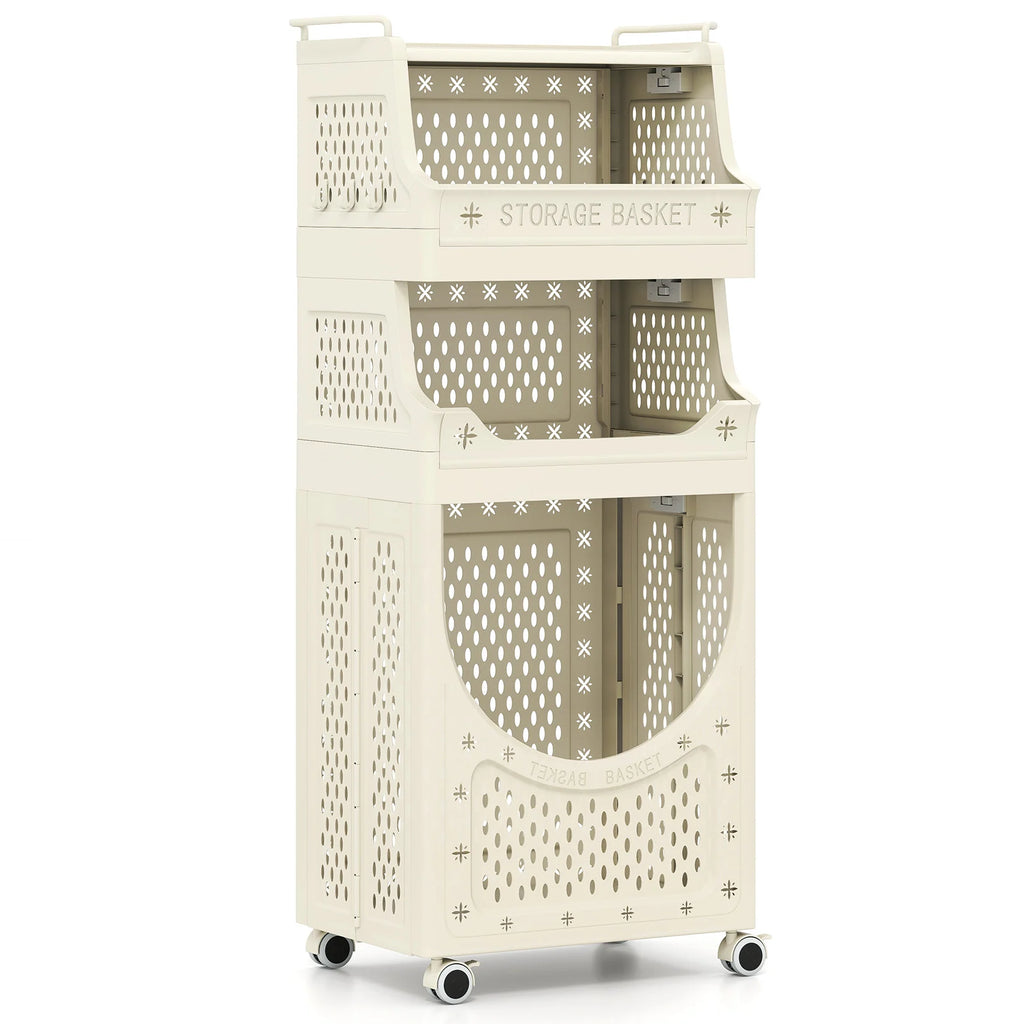 3/4-Tier Laundry Cart with Large Hamper and Lockable Wheels-Beige-4-Tier