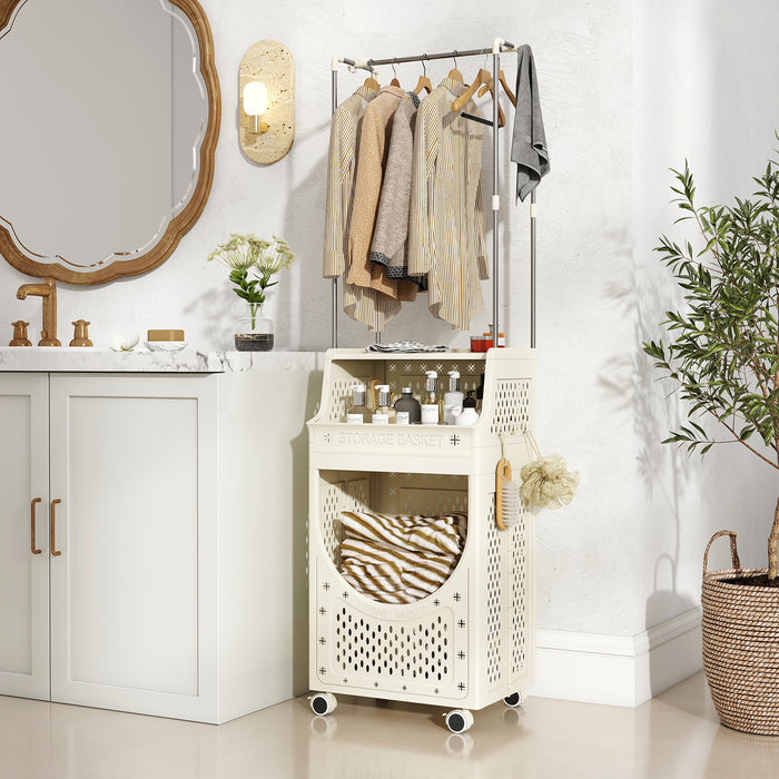 2-in-1 3/4-Tier Laundry Cart with Hanging Bar and Lockable Wheels-4-Tier-Beige