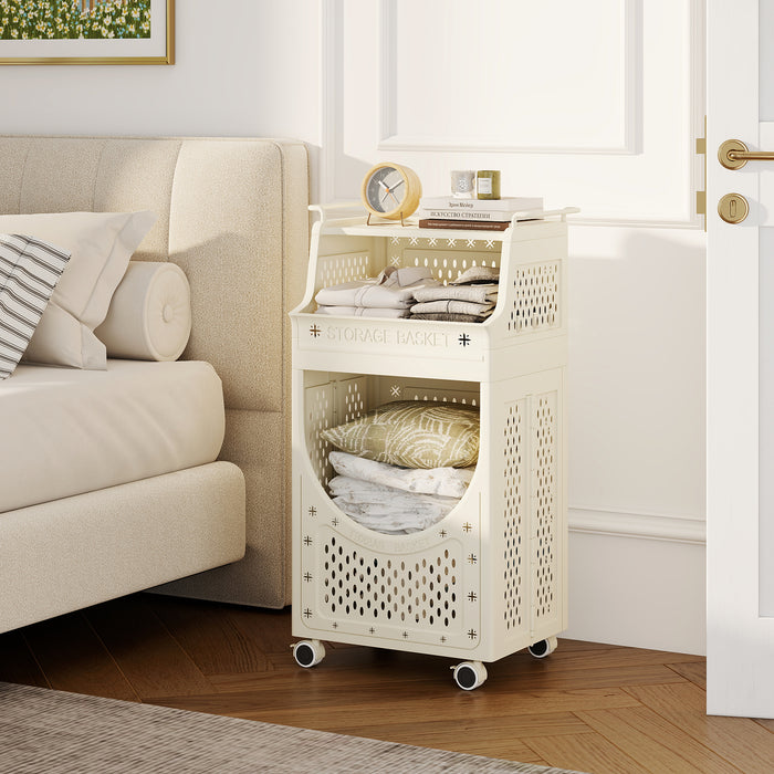 3/4-Tier Laundry Cart with Large Hamper and Lockable Wheels-Beige-4-Tier