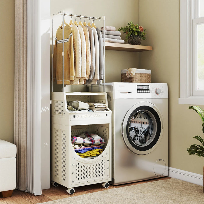 2-in-1 3/4-Tier Laundry Cart with Hanging Bar and Lockable Wheels-4-Tier-Beige