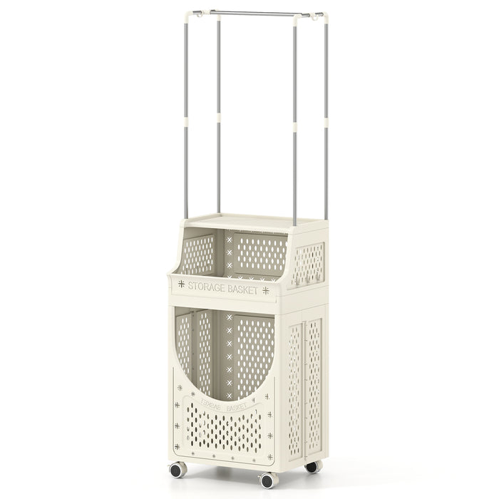2-in-1 3/4-Tier Laundry Cart with Hanging Bar and Lockable Wheels-4-Tier-Beige