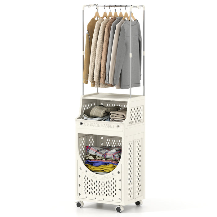 2-in-1 3/4-Tier Laundry Cart with Hanging Bar and Lockable Wheels-4-Tier-Beige