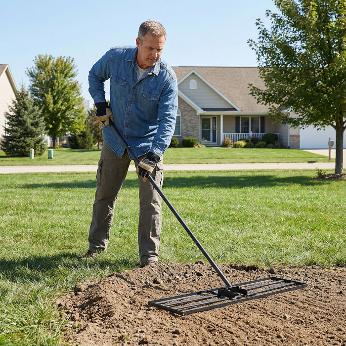 Lawn Leveling Rake with 177cm Adjustable Long Handle and Anti-Slip Grip-Black